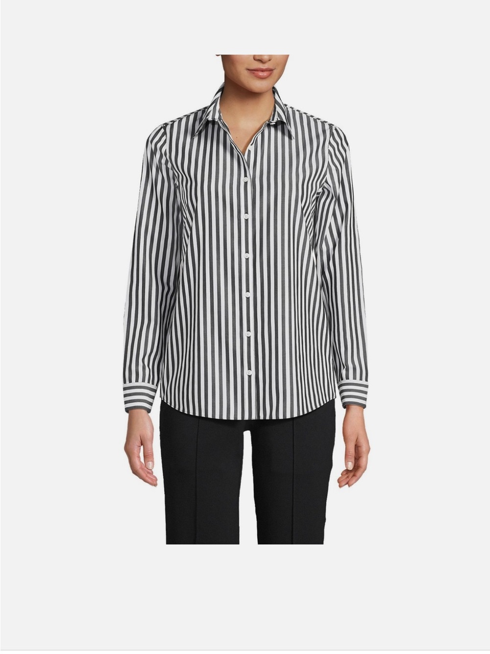 Lands' End Black and White Vertical Stripe Button-Down Shirt